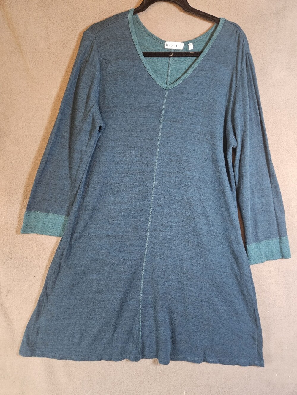 habitat Large teal blue Long sleeve knit dress Boho Midi Vneck Lagenlook Comfort